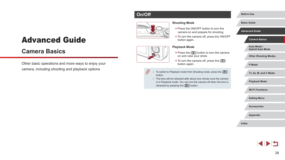 Advanced guide, Camera basics, On/off | Canon PowerShot G7 X Mark II User Manual | Page 26 / 225
