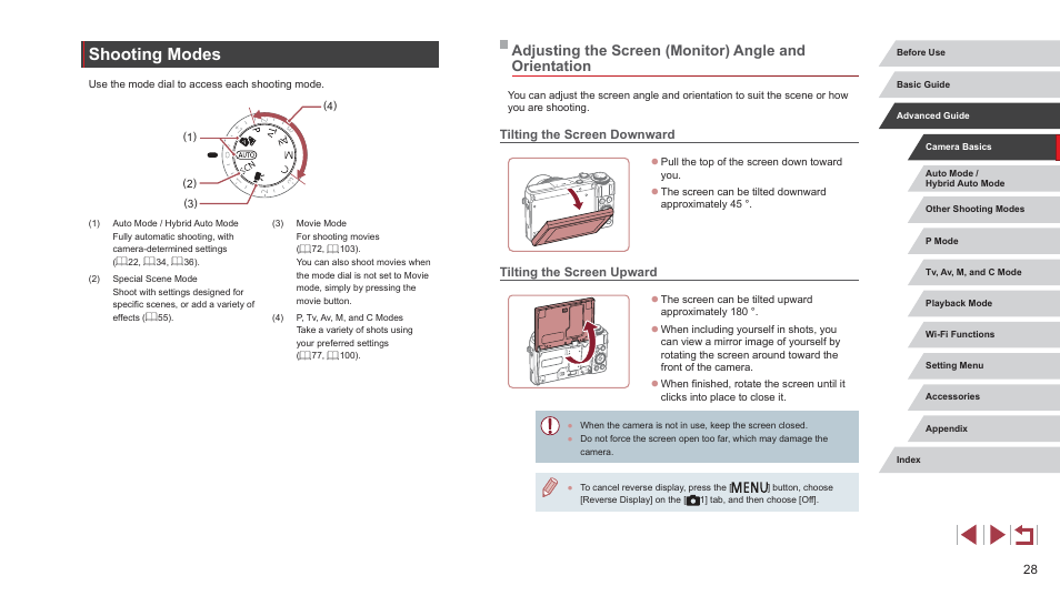 Shooting modes, Tilting the screen downward, Tilting the screen upward | Canon PowerShot G7 X Mark II User Manual | Page 28 / 225