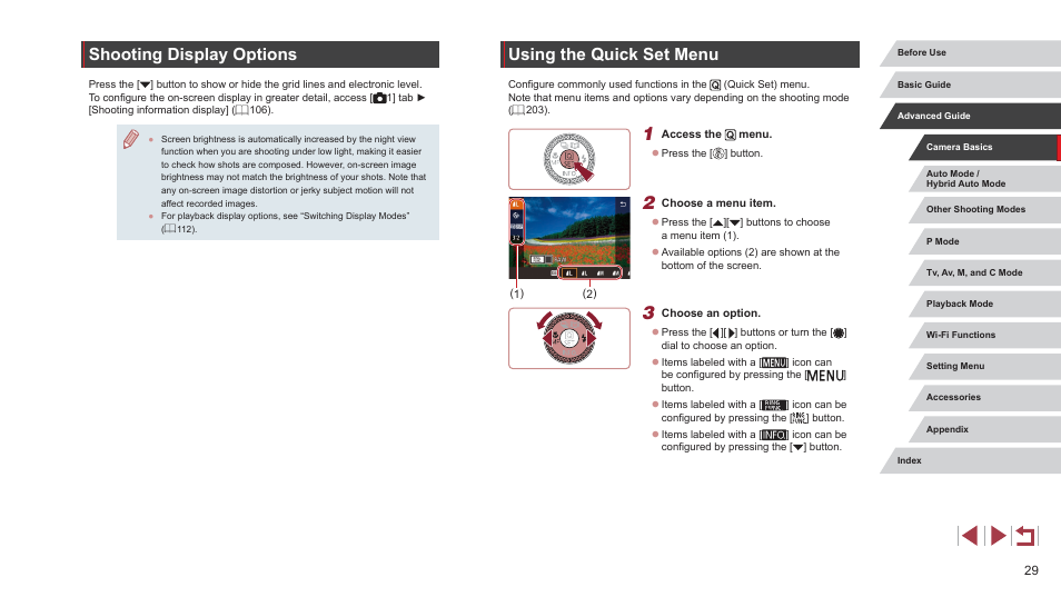 Shooting display options using the quick set menu, Using the quick set menu, Shooting display options | Canon PowerShot G7 X Mark II User Manual | Page 29 / 225