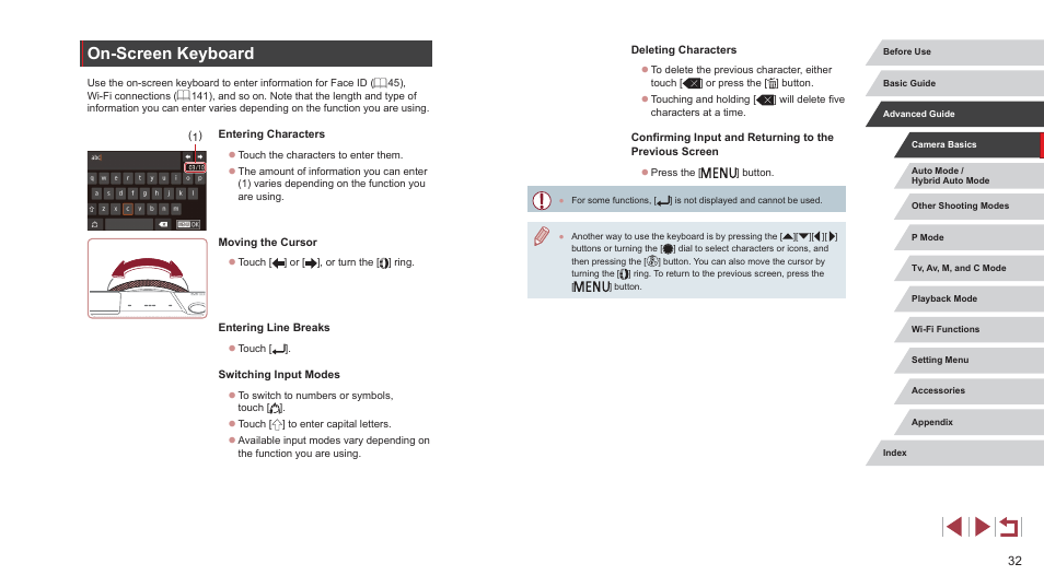 On-screen keyboard | Canon PowerShot G7 X Mark II User Manual | Page 32 / 225