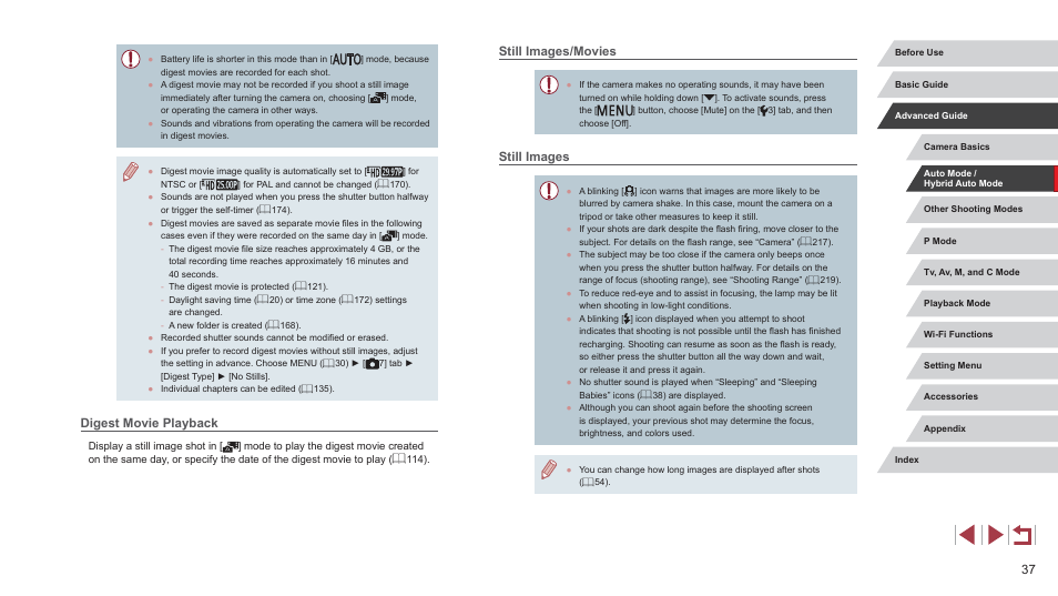 Still images/movies, Still images, Digest movie playback | Canon PowerShot G7 X Mark II User Manual | Page 37 / 225