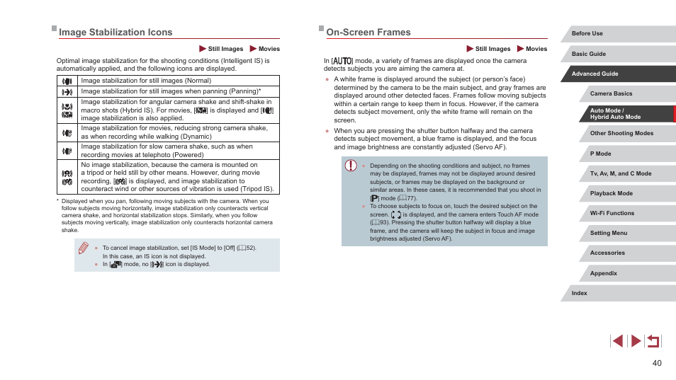 Image stabilization icons on-screen frames, On-screen frames, Image stabilization icons | Canon PowerShot G7 X Mark II User Manual | Page 40 / 225