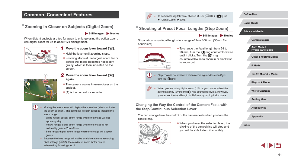 Common, convenient features, Shooting at preset focal lengths (step zoom), Zooming in closer on subjects (digital zoom) | Canon PowerShot G7 X Mark II User Manual | Page 41 / 225