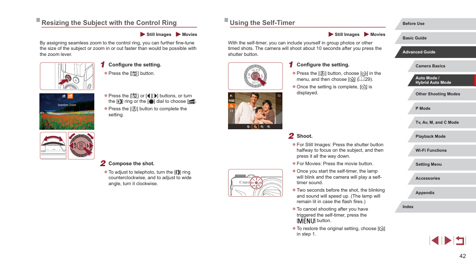 Using the self-timer, Resizing the subject with the control ring | Canon PowerShot G7 X Mark II User Manual | Page 42 / 225