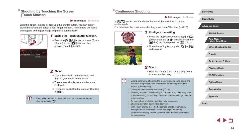 Continuous shooting, Shooting by touching the screen (touch shutter) | Canon PowerShot G7 X Mark II User Manual | Page 44 / 225