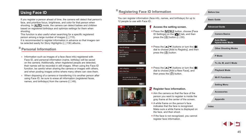 Using face id, 45). confirm beforehand that the date and time, Registering face id information | Personal information | Canon PowerShot G7 X Mark II User Manual | Page 45 / 225