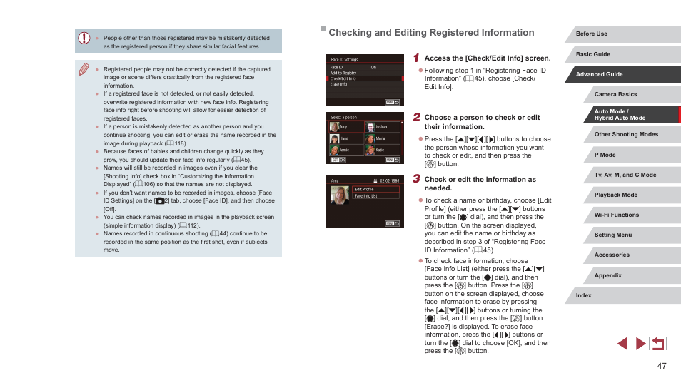 Checking and editing registered information | Canon PowerShot G7 X Mark II User Manual | Page 47 / 225