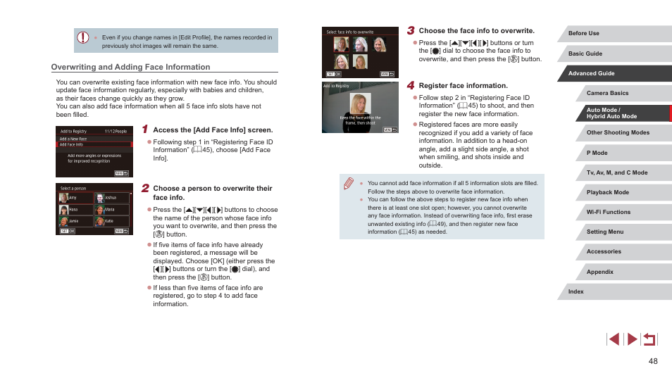 Overwriting and adding face information | Canon PowerShot G7 X Mark II User Manual | Page 48 / 225