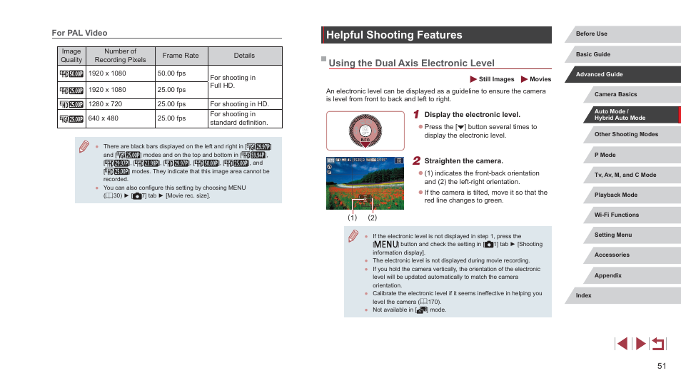 For pal video, Helpful shooting features, Using the dual axis electronic level | Canon PowerShot G7 X Mark II User Manual | Page 51 / 225