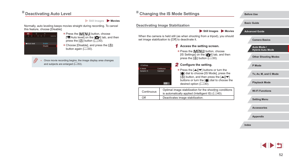 Deactivating image stabilization, Changing the is mode settings, Deactivating auto level | Canon PowerShot G7 X Mark II User Manual | Page 52 / 225