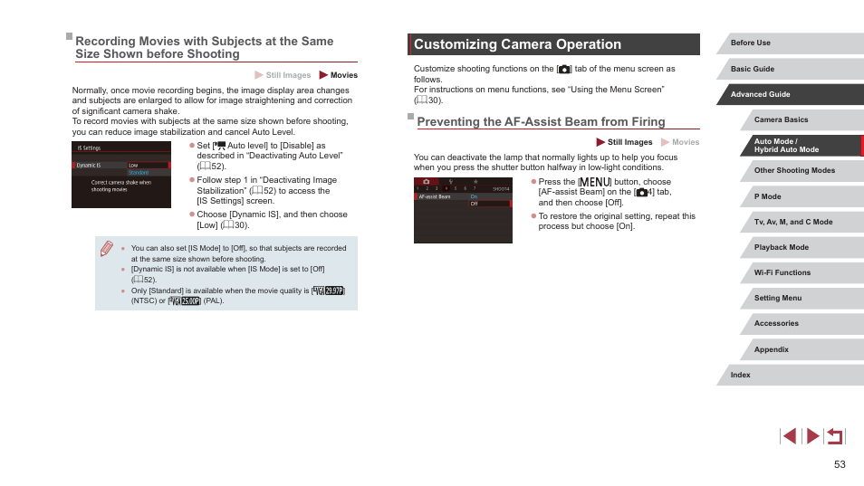 Preventing the af-assist beam from firing, Customizing camera operation, And subjects are enlarged (= 53) | Canon PowerShot G7 X Mark II User Manual | Page 53 / 225
