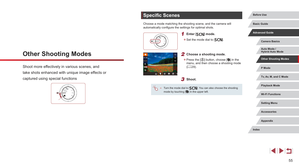Other shooting modes, Specific scenes, Fects (= 55) | Canon PowerShot G7 X Mark II User Manual | Page 55 / 225