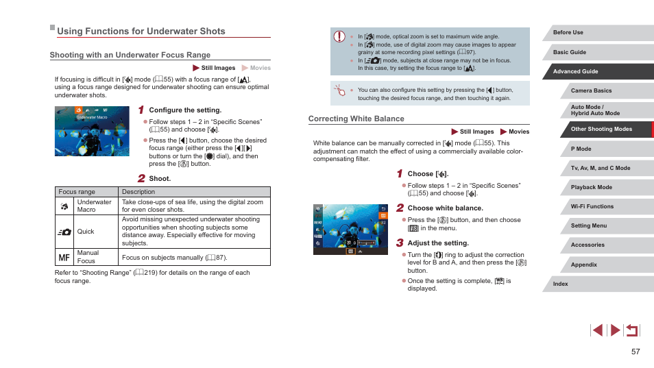 Using functions for underwater shots | Canon PowerShot G7 X Mark II User Manual | Page 57 / 225