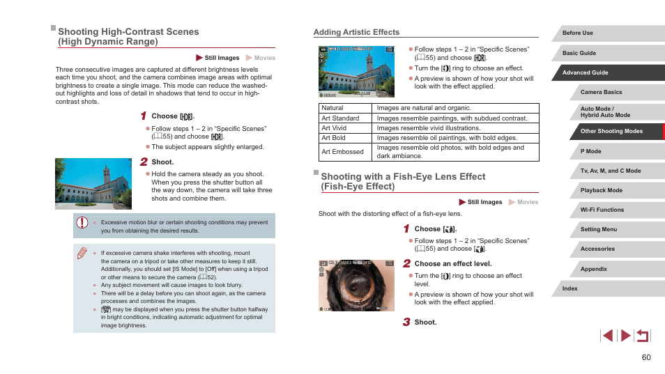 Shooting high-contrast scenes (high dynamic range), Adding artistic effects | Canon PowerShot G7 X Mark II User Manual | Page 60 / 225