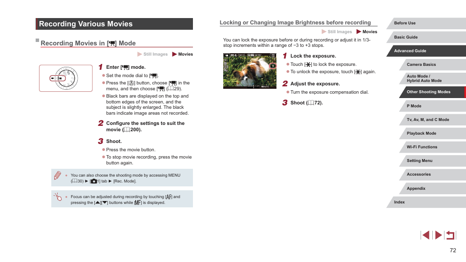 Recording various movies, Recording movies in [ ] mode | Canon PowerShot G7 X Mark II User Manual | Page 72 / 225
