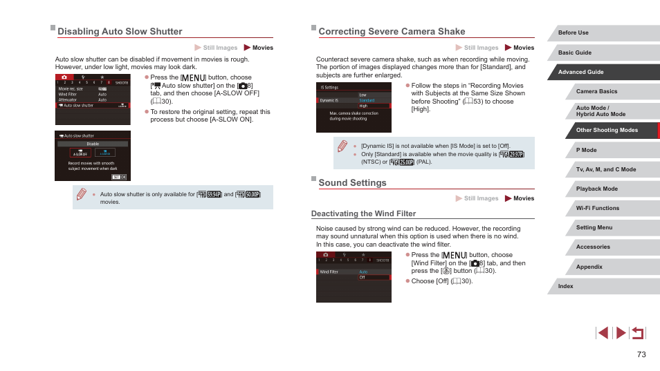 Deactivating the wind filter, Correcting severe camera shake, Sound settings | Disabling auto slow shutter | Canon PowerShot G7 X Mark II User Manual | Page 73 / 225