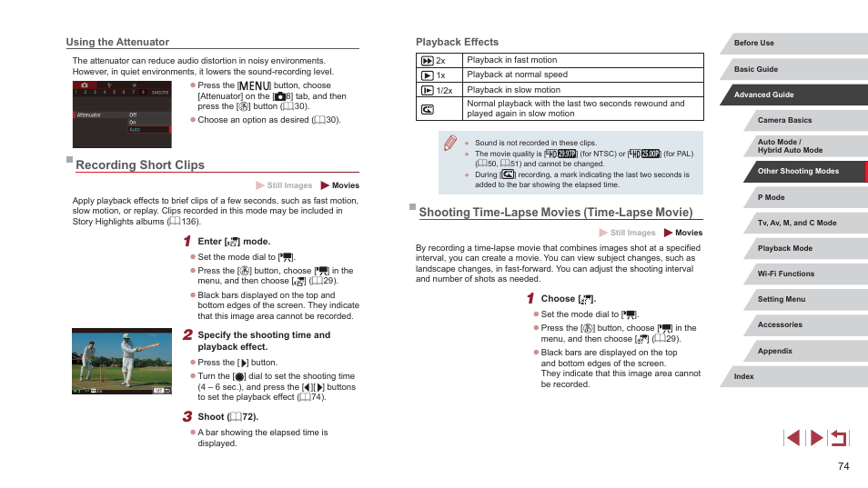 Using the attenuator, Recording short clips, Playback effects | Shooting time-lapse movies (time-lapse movie) | Canon PowerShot G7 X Mark II User Manual | Page 74 / 225