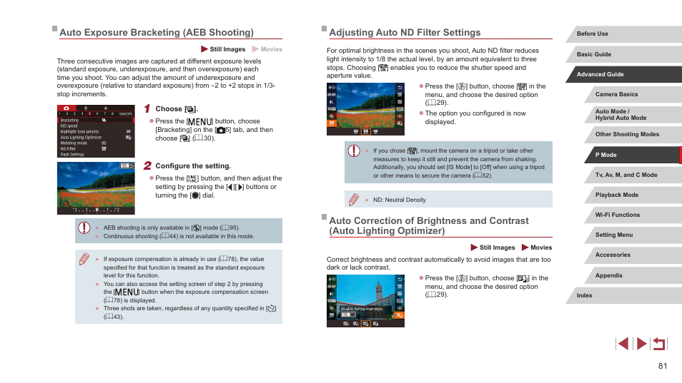 Adjusting auto nd filter settings, Auto exposure bracketing (aeb shooting) | Canon PowerShot G7 X Mark II User Manual | Page 81 / 225
