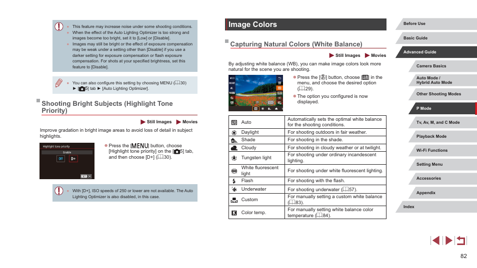 Shooting bright subjects (highlight tone priority), Image colors, Capturing natural colors (white balance) | Canon PowerShot G7 X Mark II User Manual | Page 82 / 225