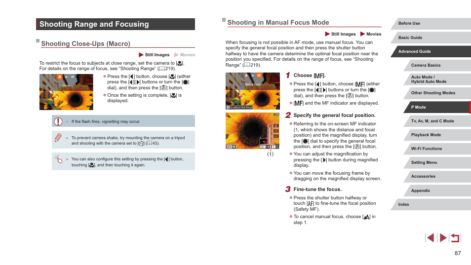 Shooting range and focusing, 87) to more, Shooting in manual focus mode | Shooting close-ups (macro) | Canon PowerShot G7 X Mark II User Manual | Page 87 / 225