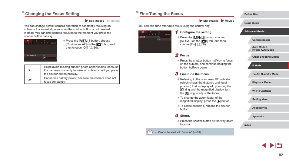 Changing the focus setting fine-tuning the focus, Fine-tuning the focus, Changing the focus setting | Canon PowerShot G7 X Mark II User Manual | Page 92 / 225