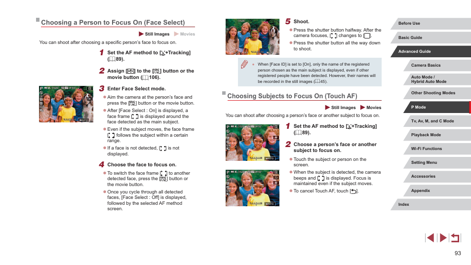 Choosing subjects to focus on (touch af), Choosing a person to focus on (face select) | Canon PowerShot G7 X Mark II User Manual | Page 93 / 225