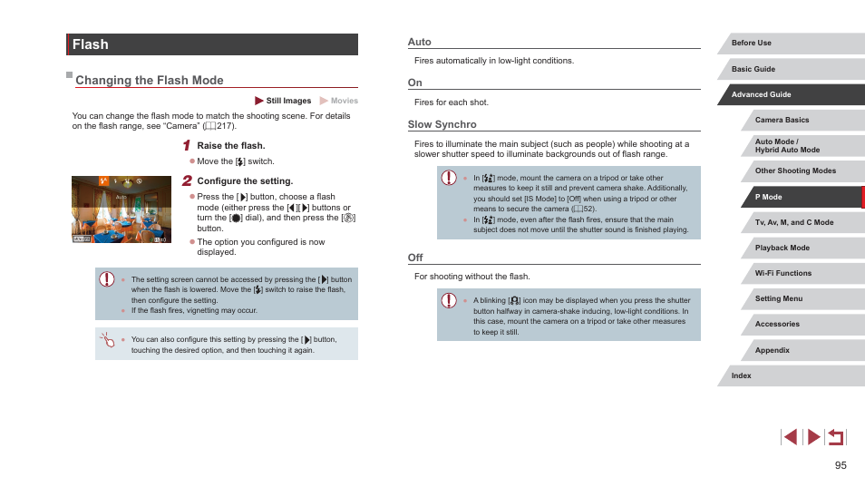 Flash, Changing the flash mode, Auto on slow synchro off | Mode (= 95) | Canon PowerShot G7 X Mark II User Manual | Page 95 / 225