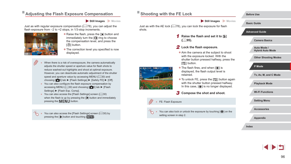 Shooting with the fe lock, Adjusting the flash exposure compensation | Canon PowerShot G7 X Mark II User Manual | Page 96 / 225
