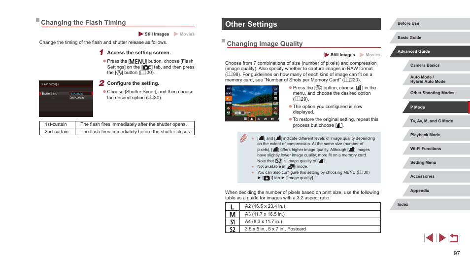 Changing the flash timing, Other settings, Changing image quality | Grainy at some recording pixel settings (= 97) | Canon PowerShot G7 X Mark II User Manual | Page 97 / 225