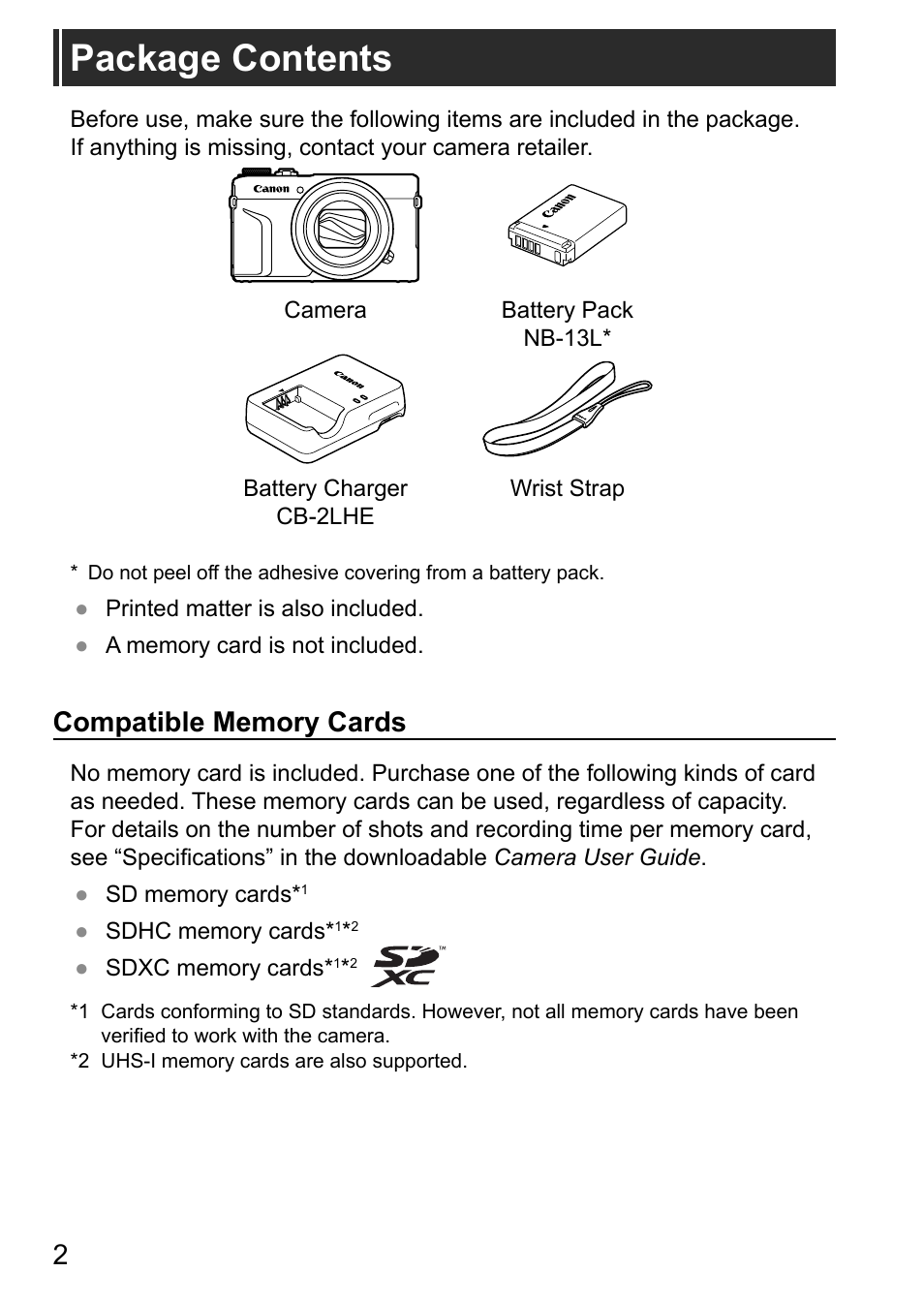 Package contents | Canon PowerShot G7 X Mark II User Manual | Page 2 / 11