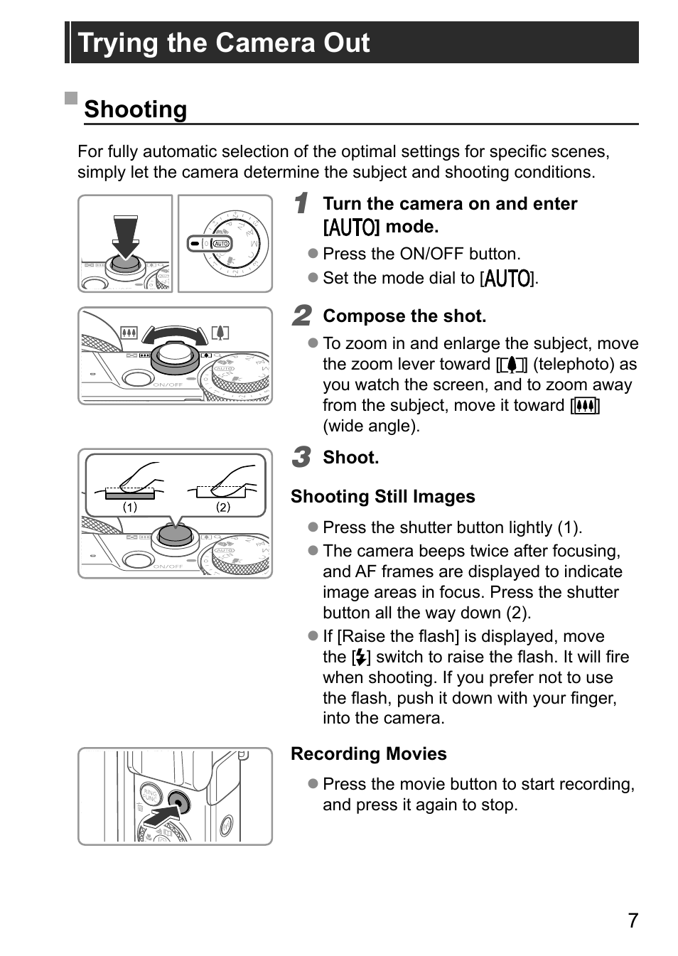 Trying the camera out, Shooting | Canon PowerShot G7 X Mark II User Manual | Page 7 / 11