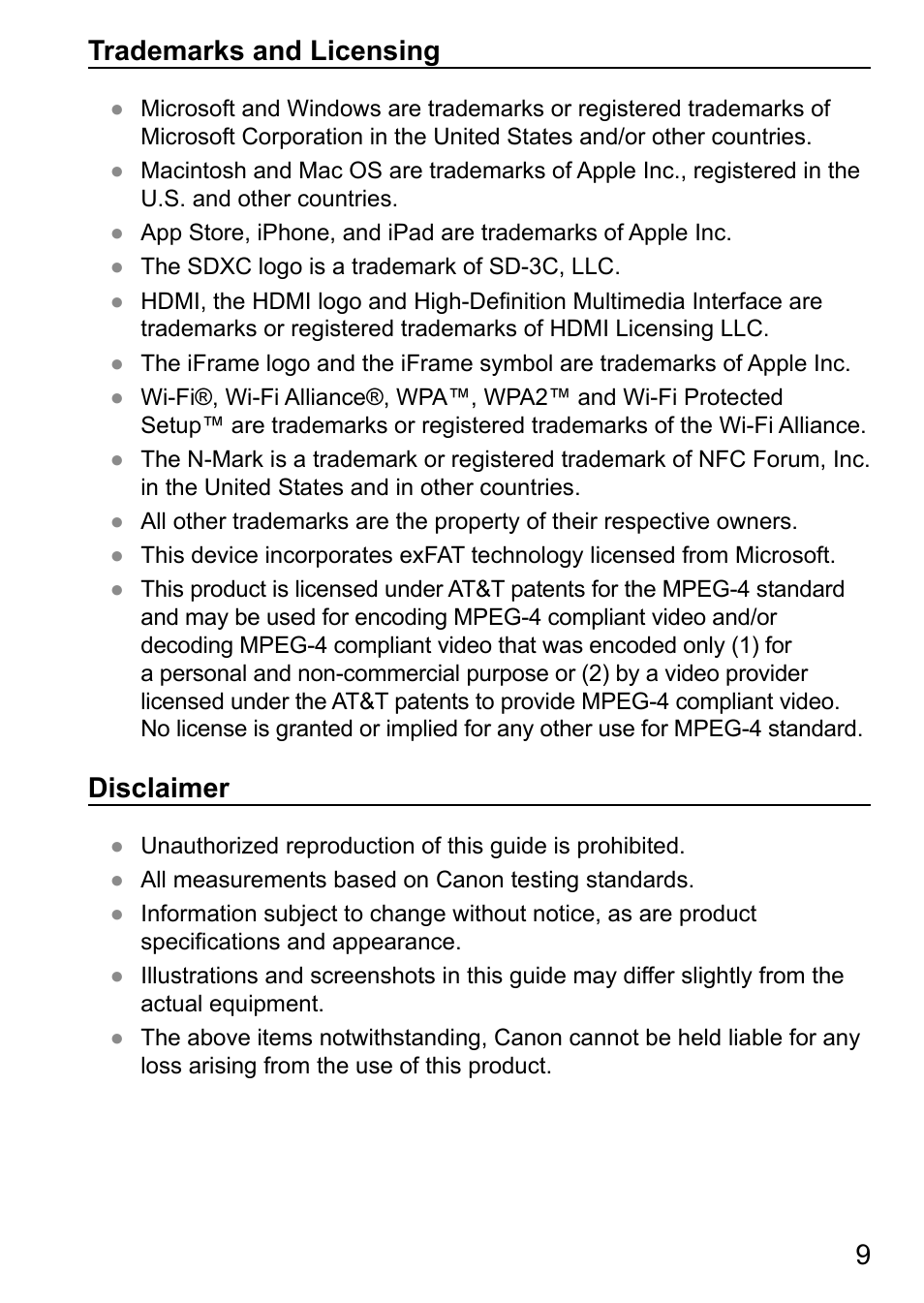 9trademarks and licensing, Disclaimer | Canon PowerShot G7 X Mark II User Manual | Page 9 / 11