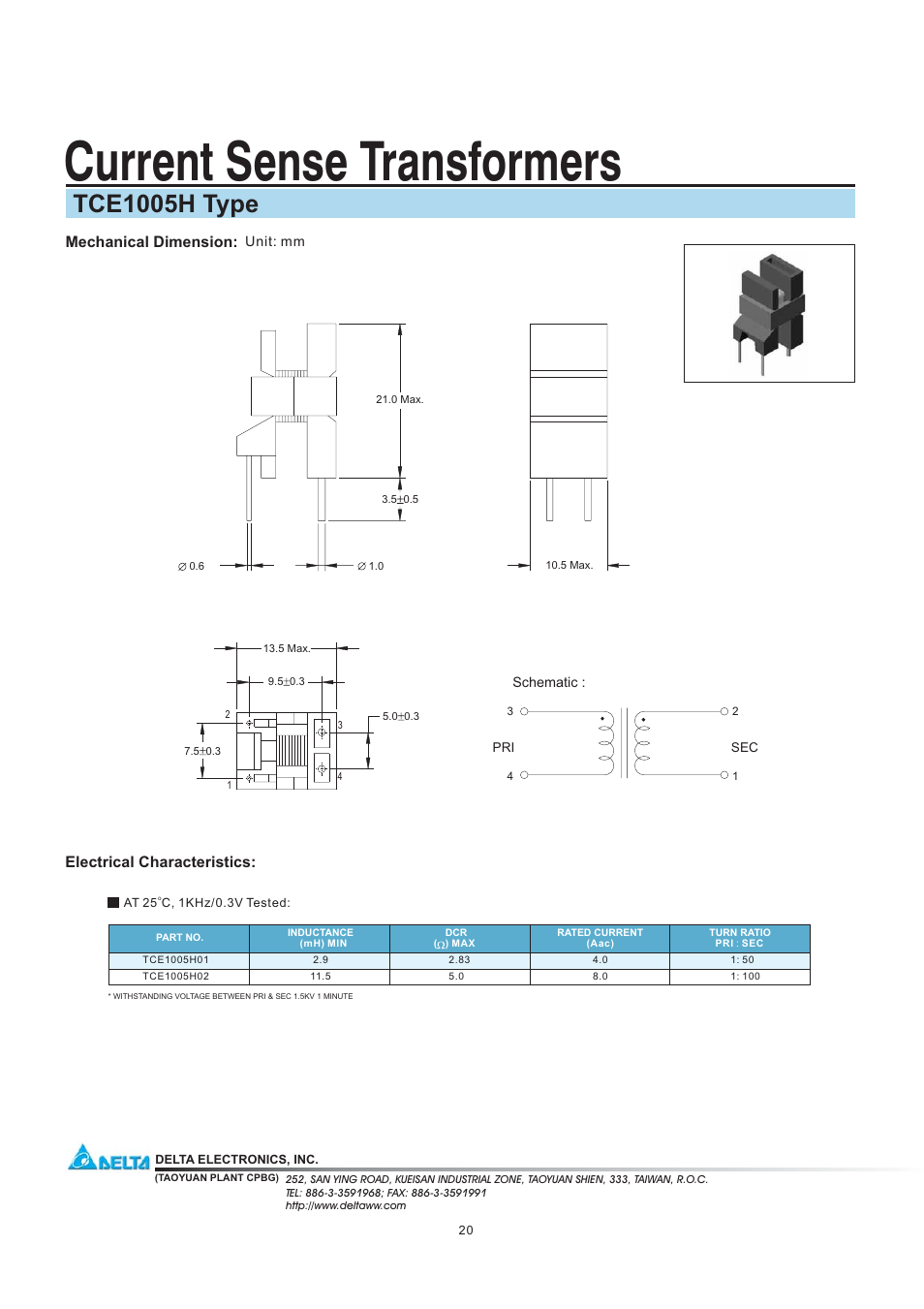 Delta Electronics Current Sense Transformers TCE1005H User Manual | 1 page