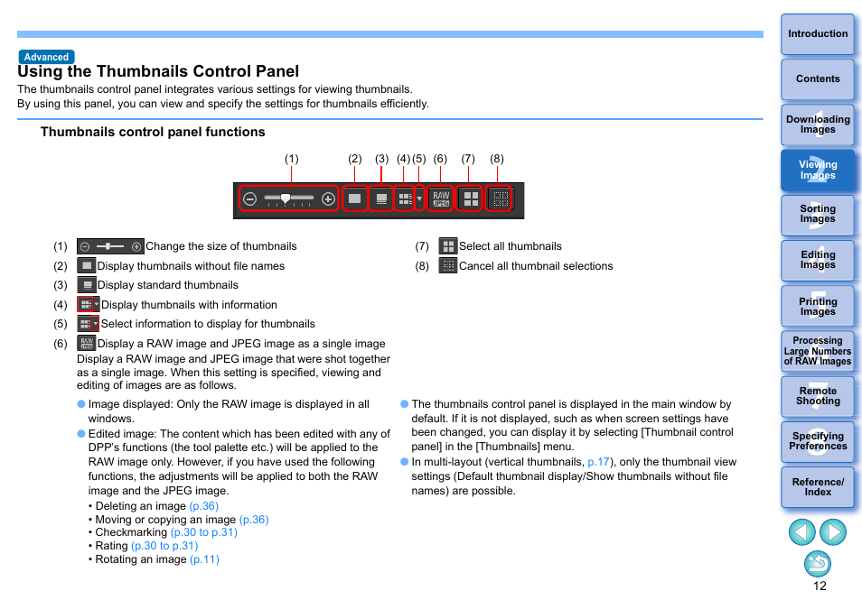 Using the thumbnails control panel | Canon PowerShot G7 X Mark II User Manual | Page 12 / 141