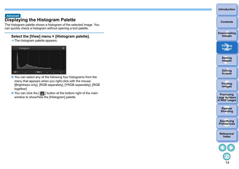 Displaying the histogram palette | Canon PowerShot G7 X Mark II User Manual | Page 14 / 141