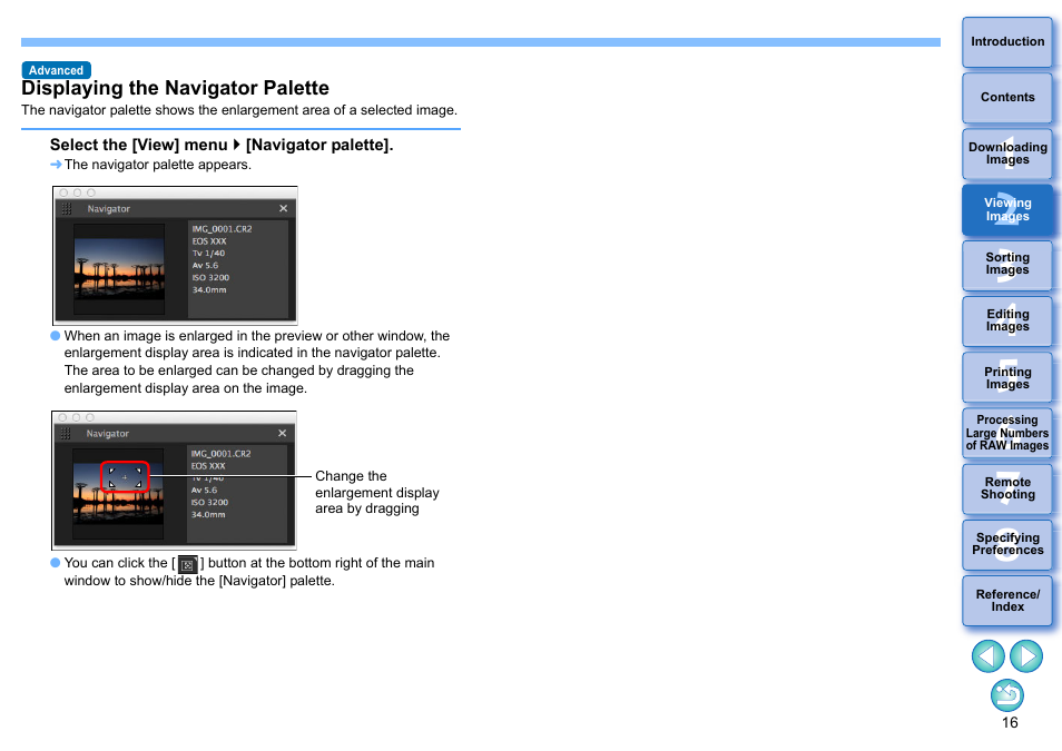 Displaying the navigator palette | Canon PowerShot G7 X Mark II User Manual | Page 16 / 141