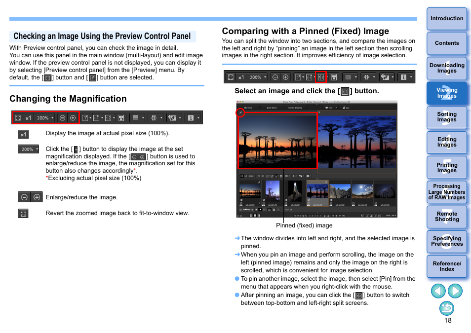 Checking an image using the preview control panel, Changing the magnification, Comparing with a pinned (fixed) image | P.18) | Canon PowerShot G7 X Mark II User Manual | Page 18 / 141