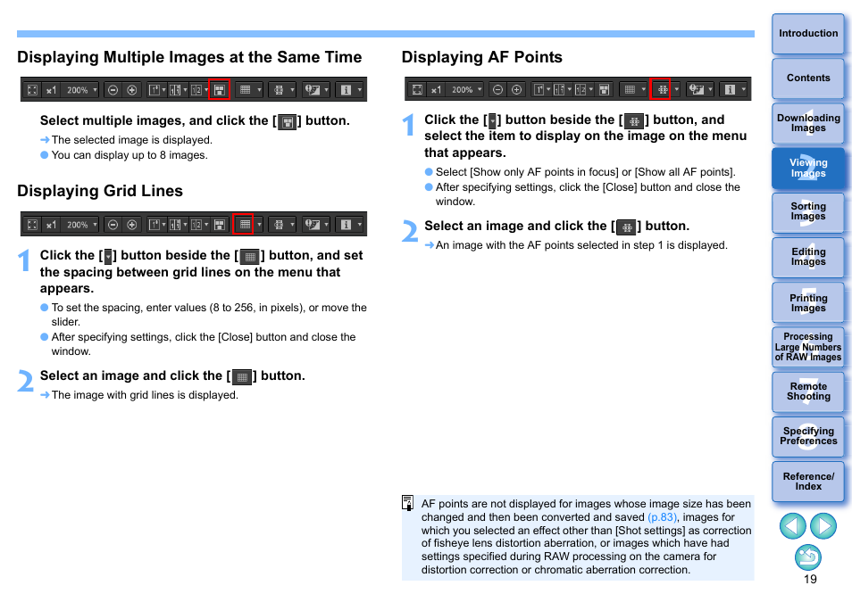 Displaying multiple images at the same time, Displaying grid lines, Displaying af points | Canon PowerShot G7 X Mark II User Manual | Page 19 / 141