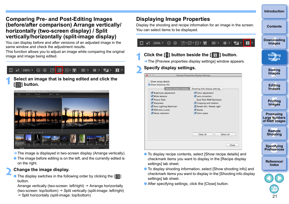 Comparison) arrange vertically/horizontally (two, Displaying image properties | Canon PowerShot G7 X Mark II User Manual | Page 21 / 141