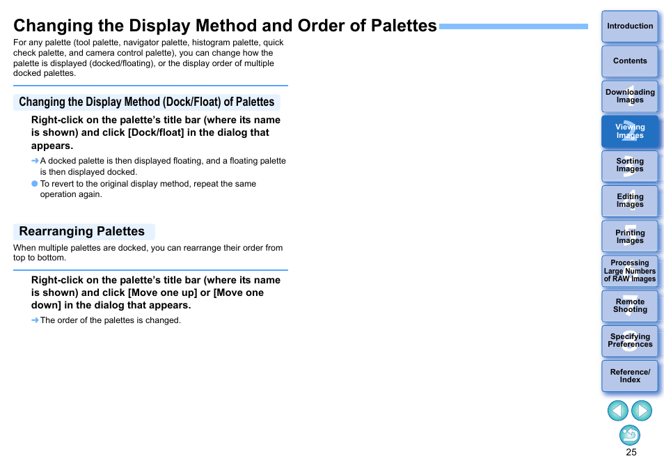 Changing the display method and order of palettes, Rearranging palettes | Canon PowerShot G7 X Mark II User Manual | Page 25 / 141