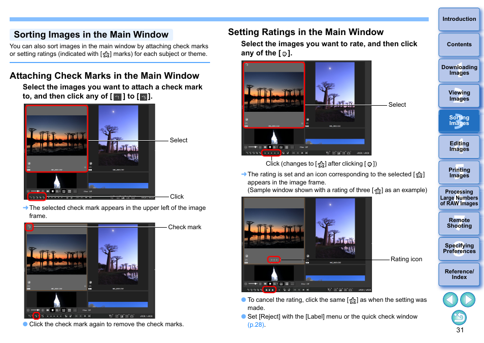 Sorting images in the main window, P.31, P.31) | Attaching check marks in the main window, Setting ratings in the main window | Canon PowerShot G7 X Mark II User Manual | Page 31 / 141