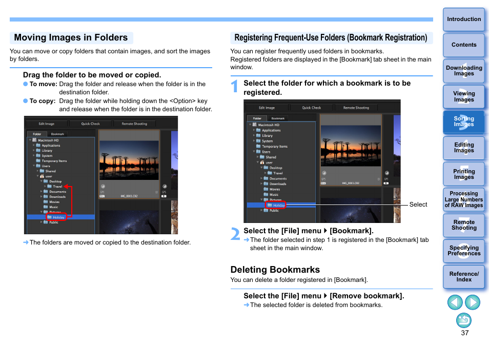 Moving images in folders, Deleting bookmarks | Canon PowerShot G7 X Mark II User Manual | Page 37 / 141