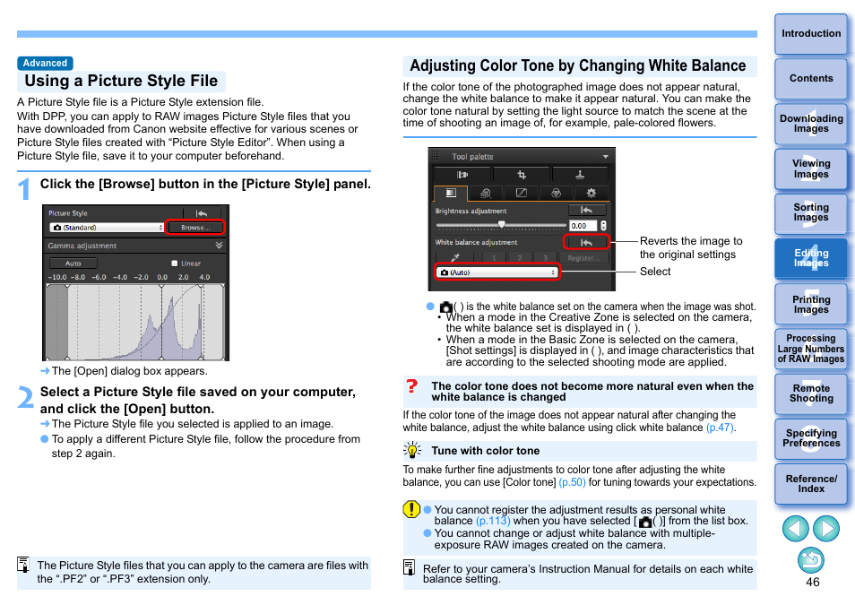 Using a picture style file, Adjusting color tone by changing white balance | Canon PowerShot G7 X Mark II User Manual | Page 46 / 141