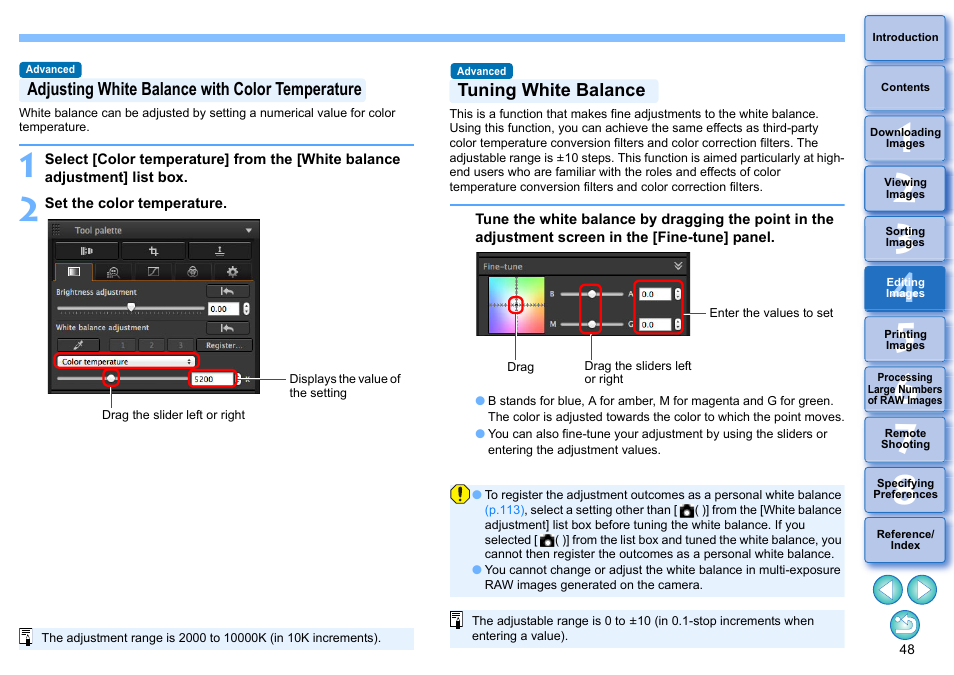 Adjusting white balance with color, Temperature, Tuning white balance | Canon PowerShot G7 X Mark II User Manual | Page 48 / 141