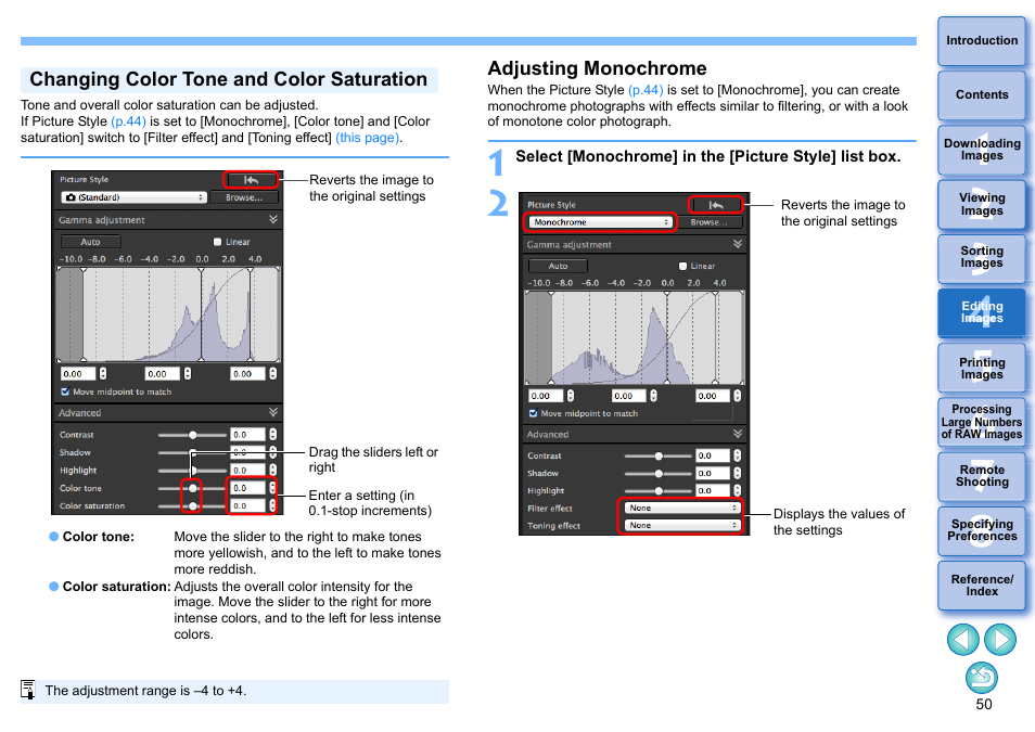 Changing color tone and color saturation, Adjusting monochrome, P.50) | Sele | Canon PowerShot G7 X Mark II User Manual | Page 50 / 141