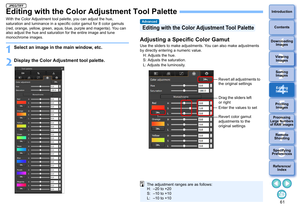 Editing with the color adjustment tool palette, Editing with the color adjustment tool, Palette | Adjusting a specific color gamut, Justed, P.61) | Canon PowerShot G7 X Mark II User Manual | Page 61 / 141