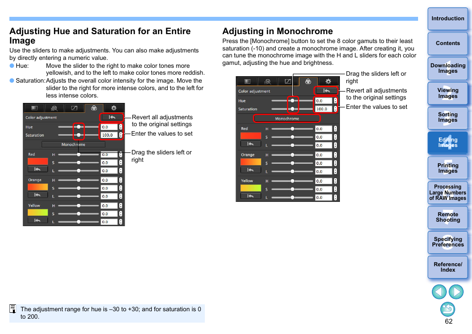 Adjusting hue and saturation for an entire image, Adjusting in monochrome | Canon PowerShot G7 X Mark II User Manual | Page 62 / 141