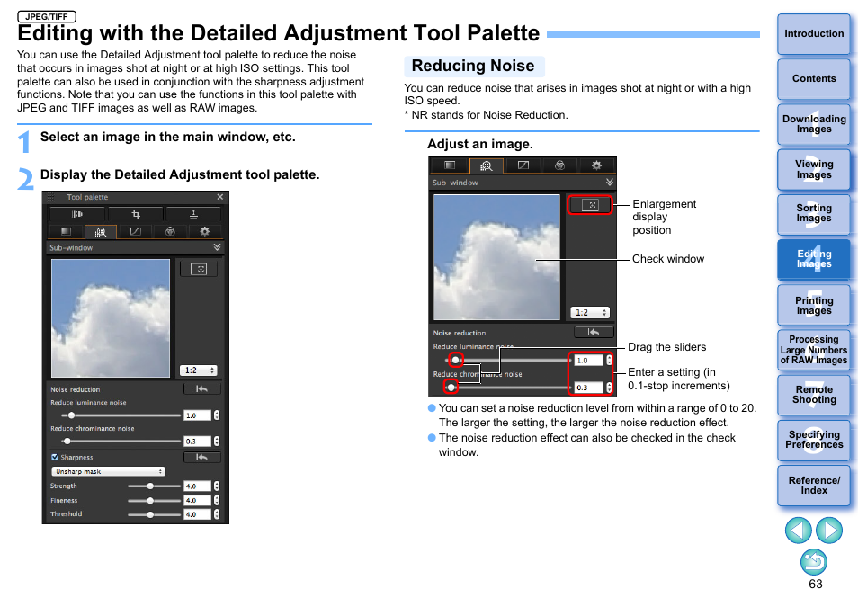 Editing with the detailed adjustment tool palette, Editing with the detailed adjustment tool, Palette | Reducing noise, P.63) | Canon PowerShot G7 X Mark II User Manual | Page 63 / 141