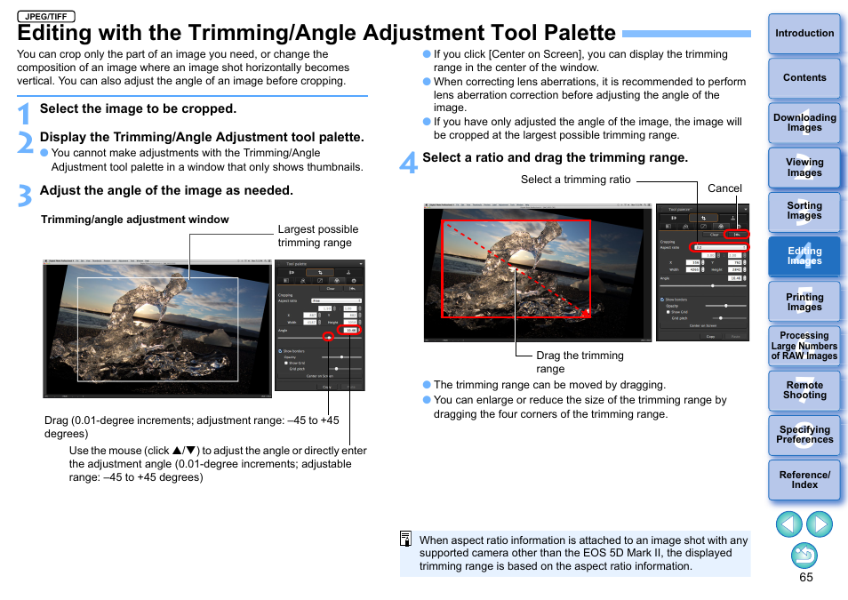Editing with the trimming/angle adjustment, Tool palette, P.65) | Editing with the trimming/angle, Adjustment tool palette, E angle | Canon PowerShot G7 X Mark II User Manual | Page 65 / 141