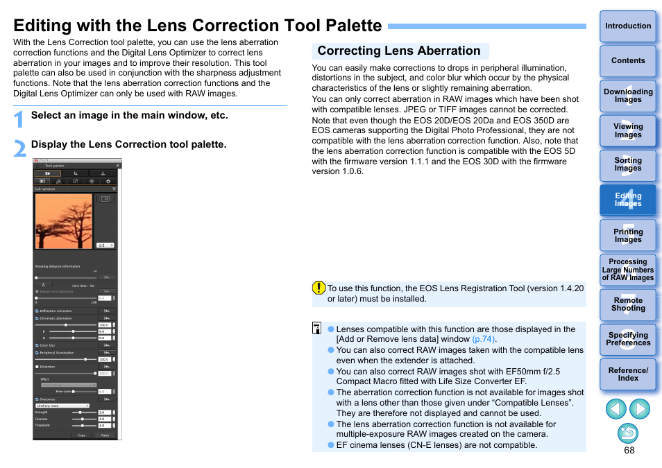 Editing with the lens correction tool palette, Correcting lens aberration, P.68) | Canon PowerShot G7 X Mark II User Manual | Page 68 / 141